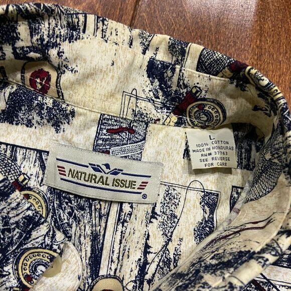 Natural Issue Vintage Fishing AOP Cream Navy Button Front Shirt Men's Size Large - Picture 6 of 9